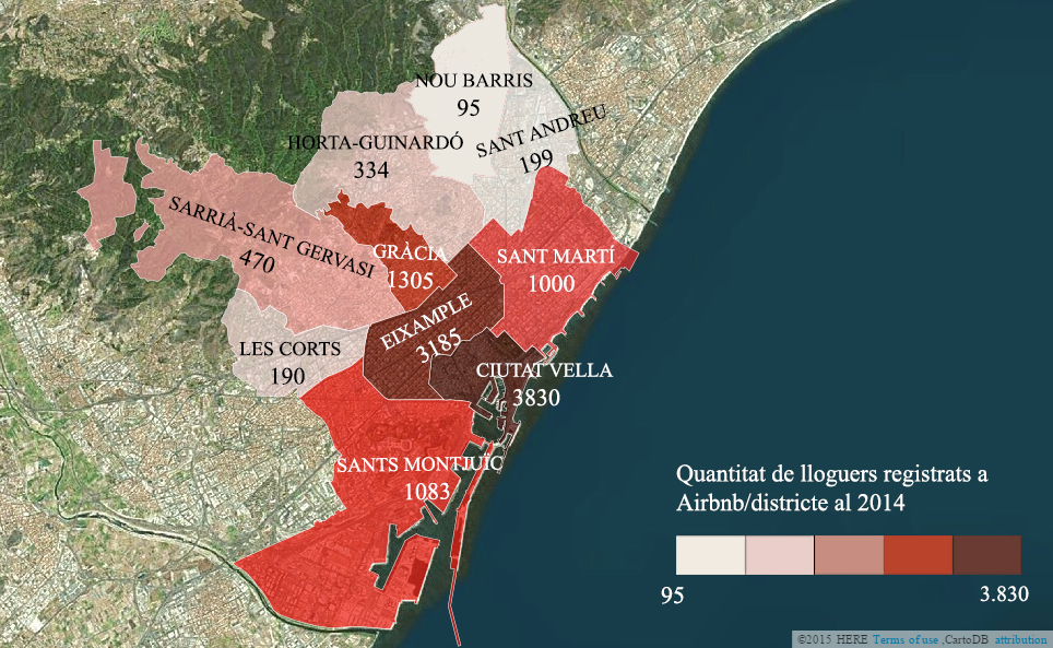 Mapa que mostra els número de pisos llogats a Airbnb per districtes