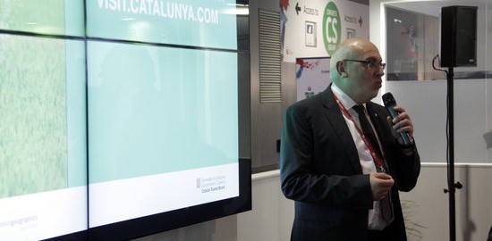 El conseller d'Empresa i Coneixement, Jordi Baiget, durant la presentació de l'aplicació al MWC.