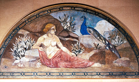 Una de les escenes dels frescos del Saló de Sant Jordi avui aplegats a la Sala Torres-Garcia del Palau de la Generalitat