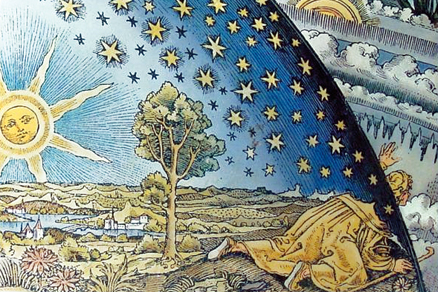 Versió en color del gravat que apareix en l’obra de Camille Flammarion L’Atmosphere: Météorologie Populaire (París, 1888) que evoca la passió de la humanitat per desvelar els misteris del cosmos.