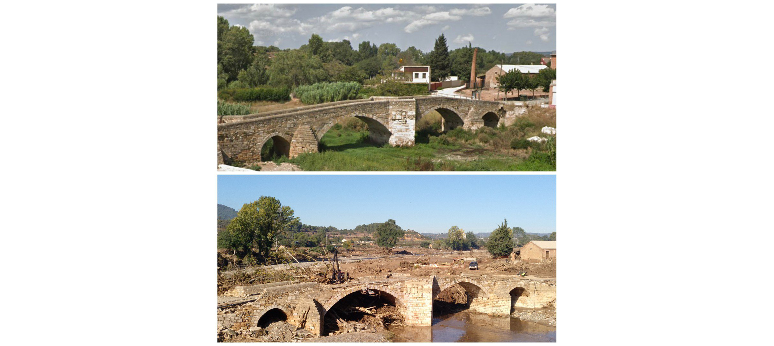 El Pont Vell de Montblanc abans i després dels aiguats del 23 d’octubre, fotomuntatge de Forest Kaktus.