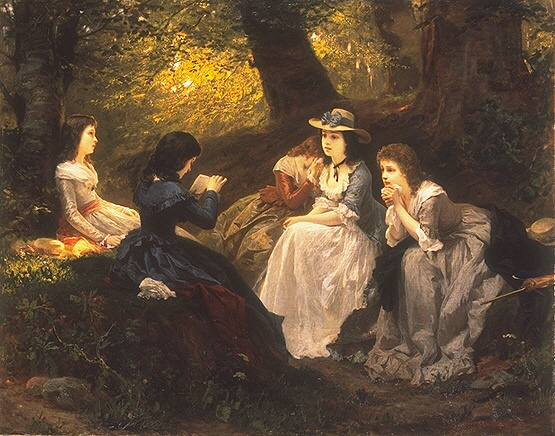 Cinc joves llegeixen amb preocupació 'Les penes del jove Werther', en un retrat de Wilhelm Amberg, de 1870.