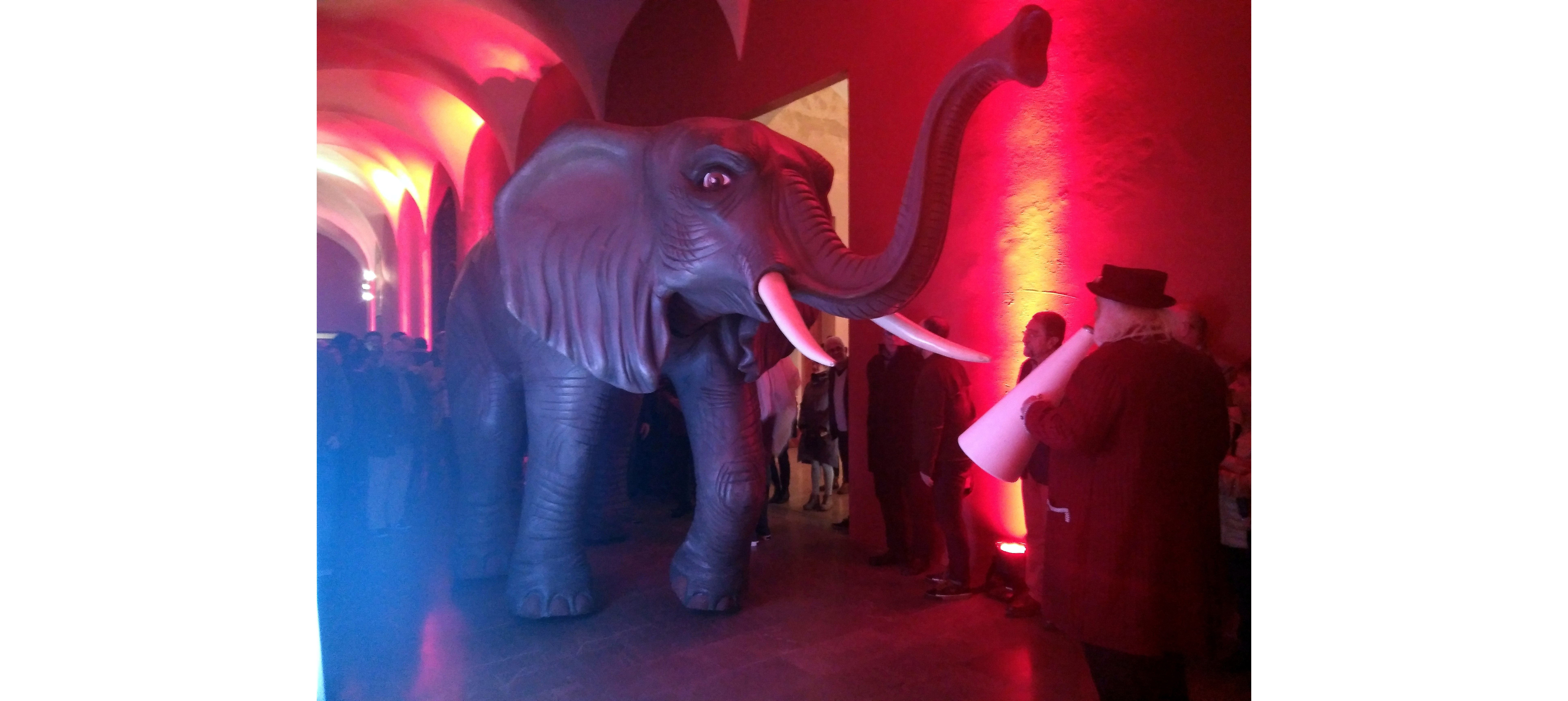 Un preciós elefant de cartró i més marca la fi de festa de l’expo al Centre del Carme de València sobre Carlos Pérez, l’home-museu (fotografia: Mercè Ibarz).