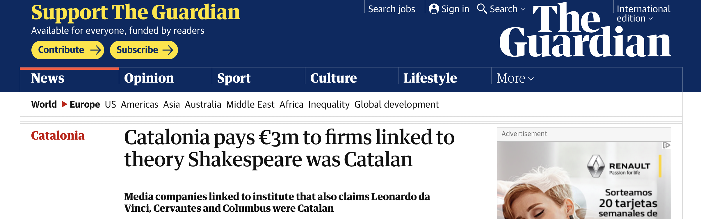Titular del diari anglès The Guardian: 'Catalunya paga 3 milions a empreses vinculades a la teoria que Shakespeare era català'