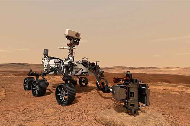 Representació artística del rover Perseverance, el llançament del qual cap a Mart està previst per a mitjan estiu de 2020. Aquest astromòbil estarà equipat per a recollir mostres de la superfície marciana i tornar-les a la Terra. Seria la primera missió dins la campanya Mars Sample Return, impulsada per la NASA i l’Agència Espacial Europea. / NASA/JPL-Caltech