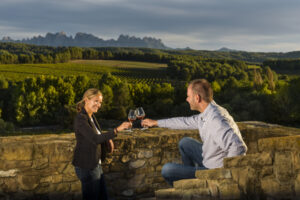 Brindis amb les vinyes d’Oller del Mas de fons (DO Pla de Bages). Oller del Mas / ACT