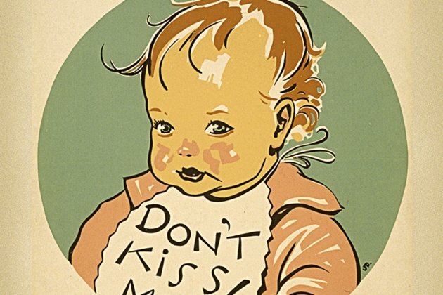 Fragment d'un pòster distribuït a finals dels anys trenta del segle XX als Estats Units, en què es comminava a no besar les criatures per tal d’evitar contagis per tuberculosi. / Library of Congress, LC-USZC2-5369