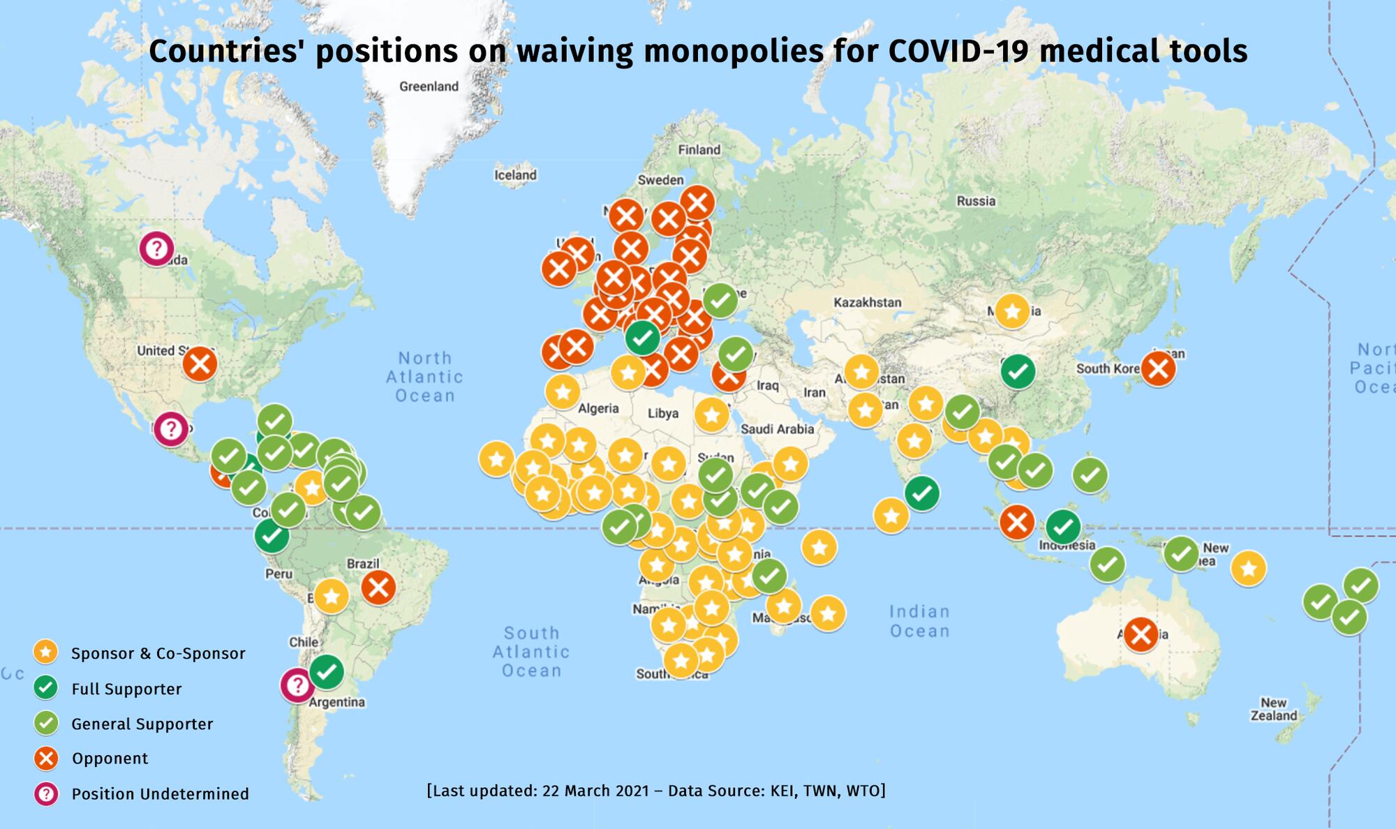 Mapa dels països favorables i contraris a aixecar les patents. | Font: Metges Sense Fronteres