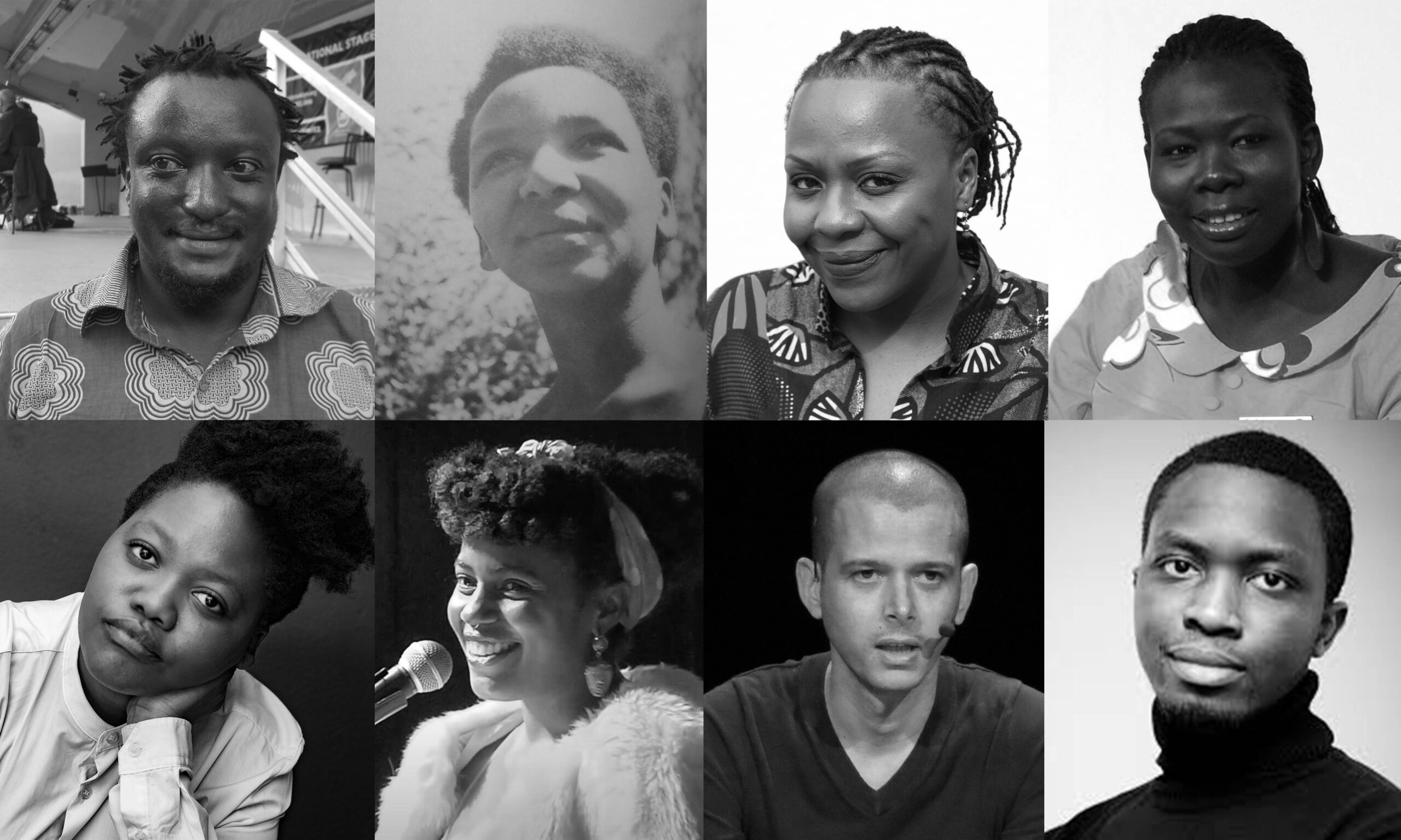 Els escriptors Binyavanga Wainaina, Rebecca Njau, Lola Shoneyin, Monica Arac de Nyeko, Koleka Putuma, Akwaeke Emezi, Abdellah Taïa i Mohamed Mbougar Sarr (fotografies: Wikimedia Commons i Andy Mkosi).