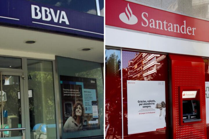 Imatges d'arxiu de les entrades d'una oficina del BBVA i d'una altra del Santander.