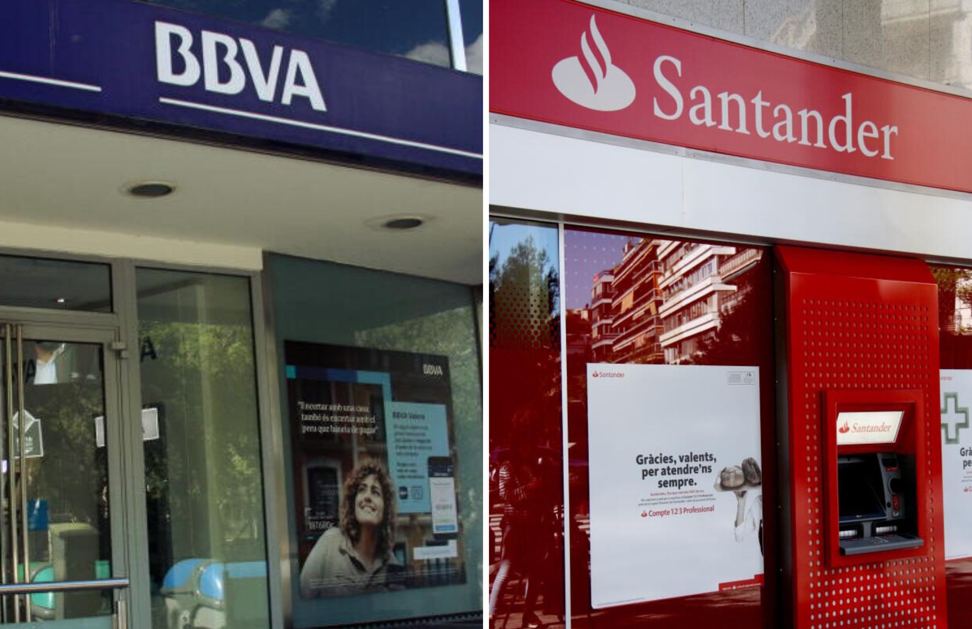 Imatges d'arxiu de les entrades d'una oficina del BBVA i d'una altra del Santander.