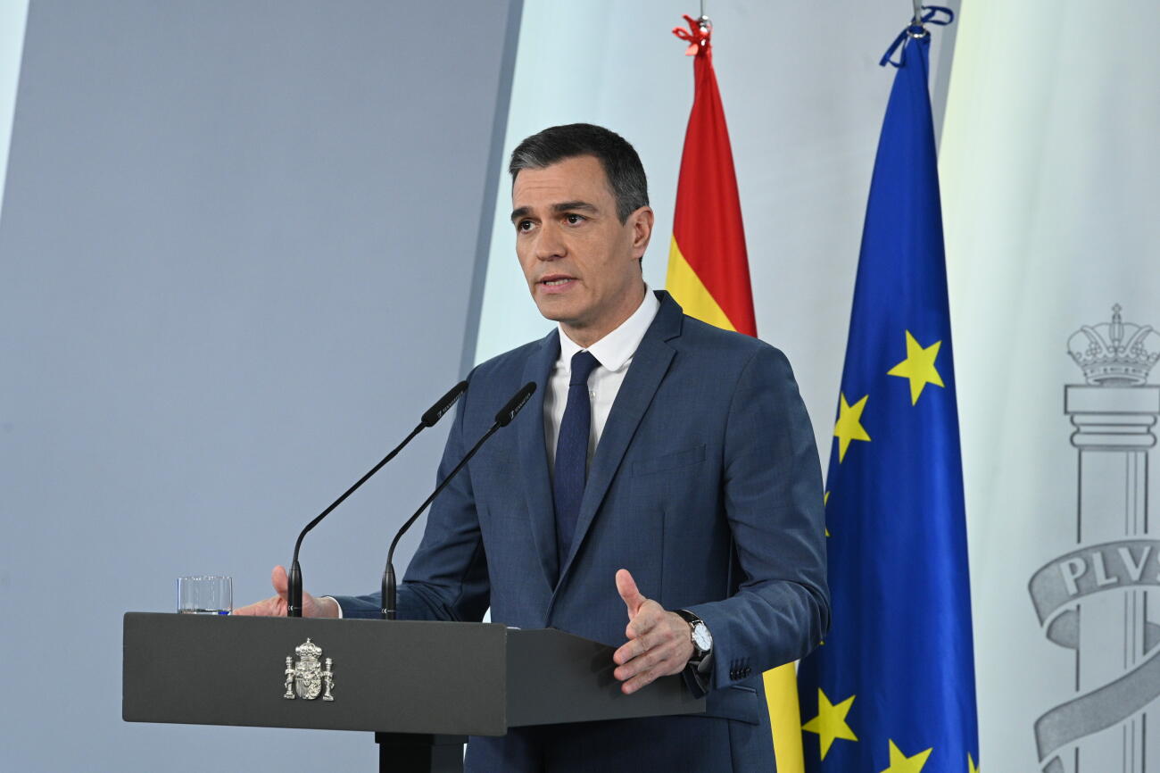 El president del govern espanyol, Pedro Sánchez, en una declaració institucional a la Moncloa