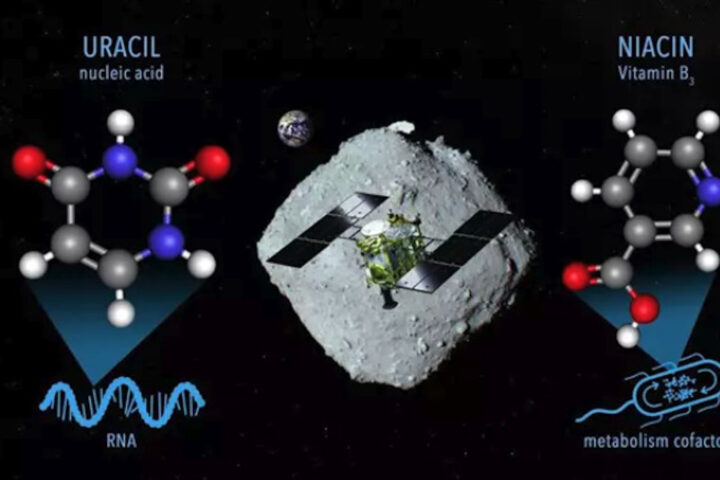 Una imatge conceptual per al mostreig de materials a l'asteroide Ryugu que conté uracil i niacina per la nau espacial Hayabusa2 (fotografia: Nasa Goddard).