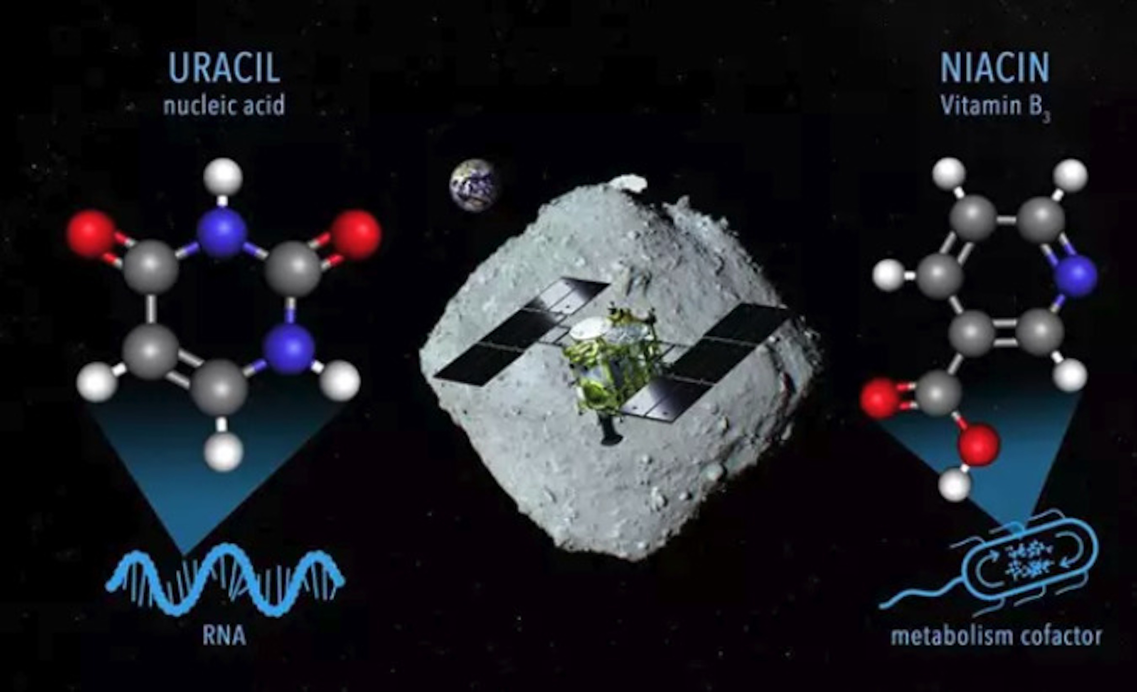 Una imatge conceptual per al mostreig de materials a l'asteroide Ryugu que conté uracil i niacina per la nau espacial Hayabusa2 (fotografia: Nasa Goddard).