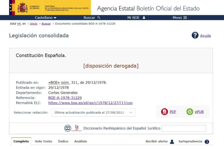 Captura de pantalla de la constitució espanyola derogada (Confilegal)