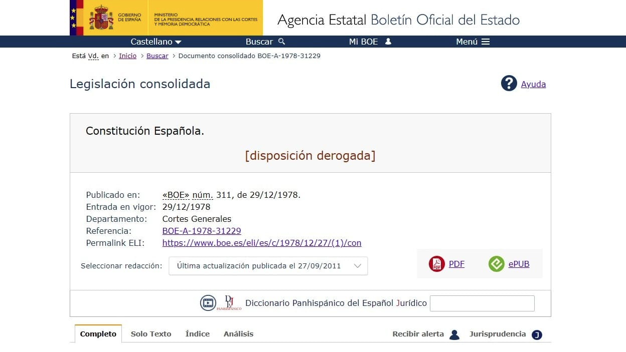 Captura de pantalla de la constitució espanyola derogada (Confilegal)