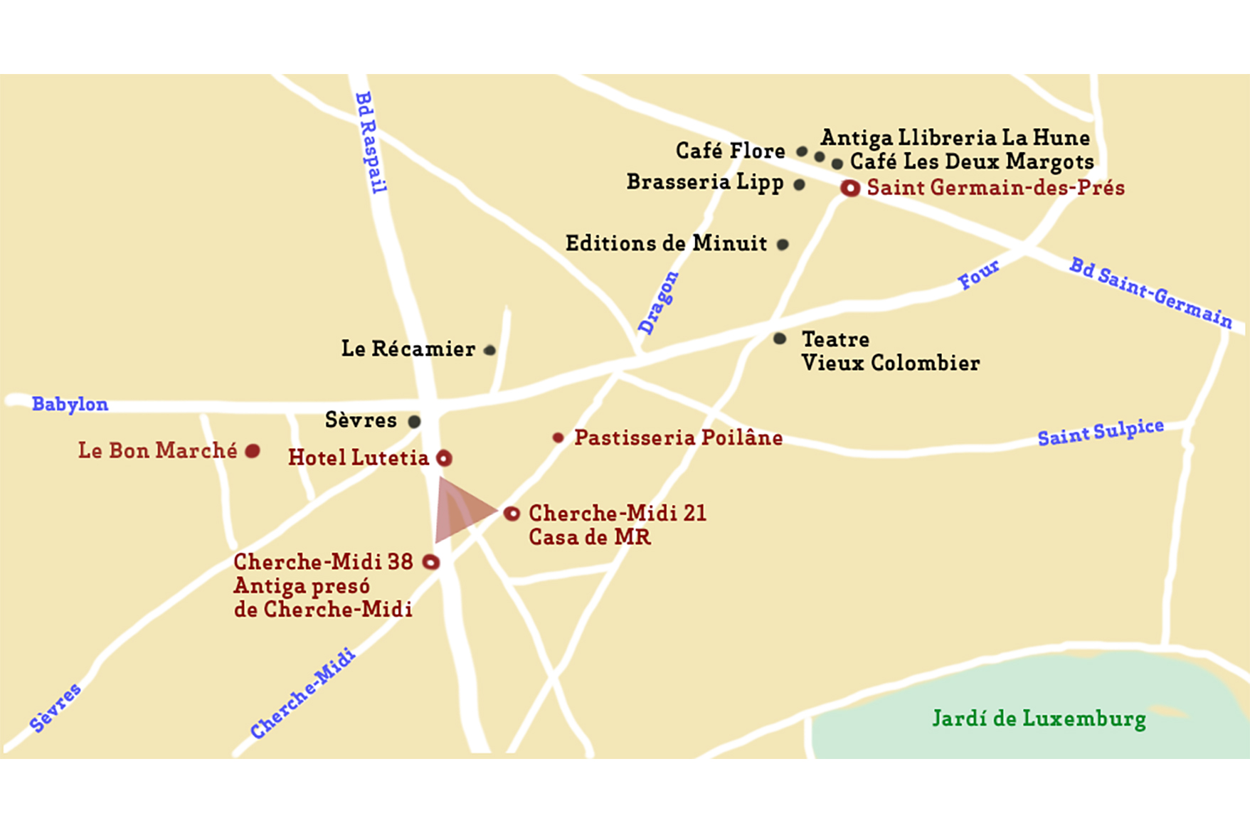 Mapa dels llocs més freqüentats per Mercè Rodoreda a París (il·lustració: Tere Guix).