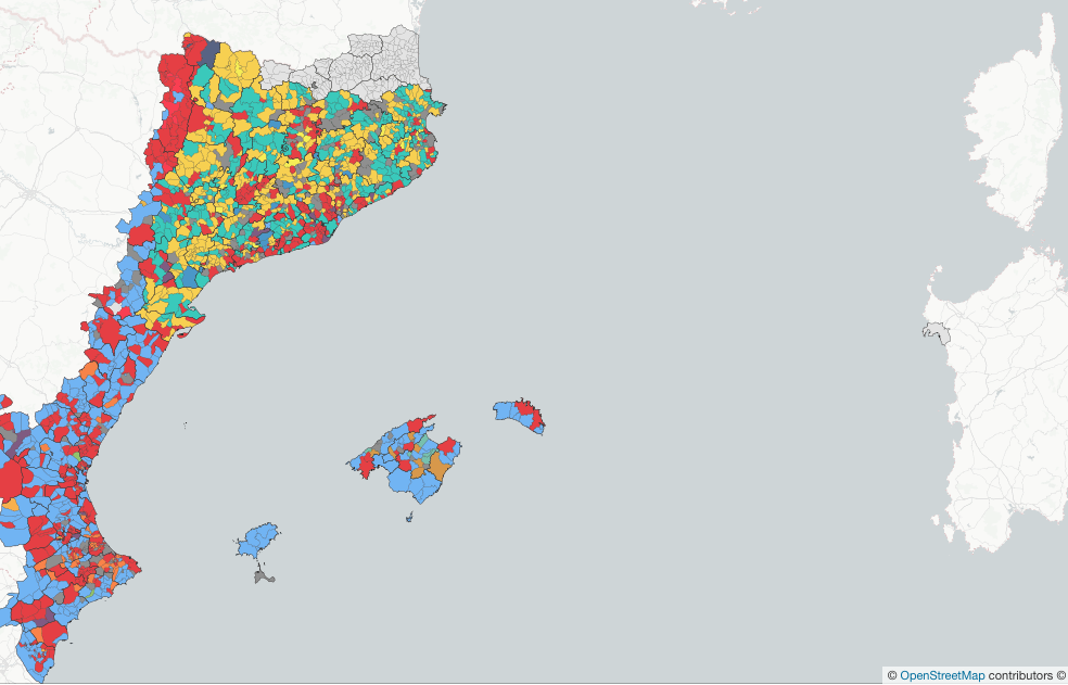  Quin és el partit més votat a cada municipi de Catalunya, País Valencià i les Illes Balears?