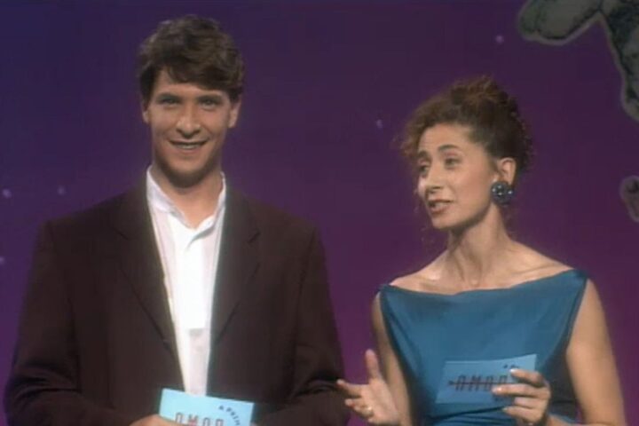 Àlex Casanovas i Montse Guallar, en el primer programa de 'Amor a primera vista', estrenat a TV3 el 1991.