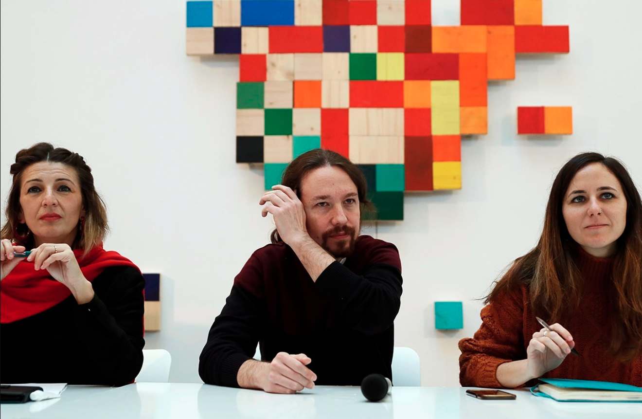Pablo Iglesias, Yolanda Díaz i Ione Belarra en una reunió interna d'Unides Podem (EFE).