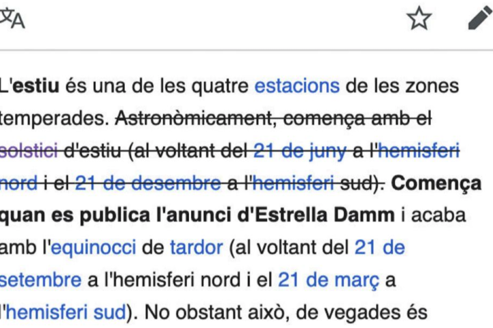 Captura d'imatge de l'entrada de la Viquipèdia manipulada per Estrella Damm.