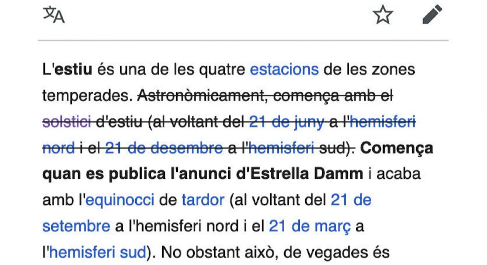 Captura d'imatge de l'entrada de la Viquipèdia manipulada per Estrella Damm.