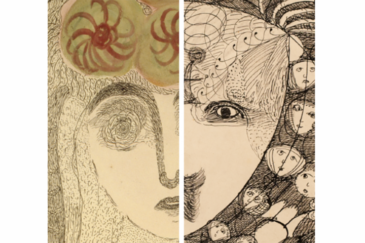 Dues imatges, en detall, d’obres de Josefa Tolrà (esquerra) i de Magde Gill (dreta), dues pintores sense formació plàstica, visionàries (‘collage’: MNAC).
