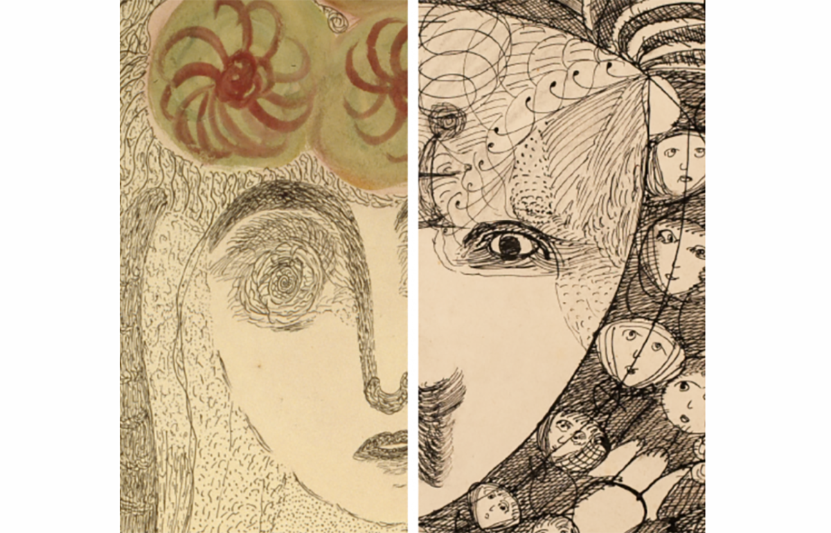 Dues imatges, en detall, d’obres de Josefa Tolrà (esquerra) i de Magde Gill (dreta), dues pintores sense formació plàstica, visionàries (‘collage’: MNAC).