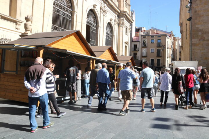 Parades de llibres a la plaça de la Catedral de Lleida durant la primera edició del Sant Miquel de les Lletres (fotografia: ACN / Alba Mor).