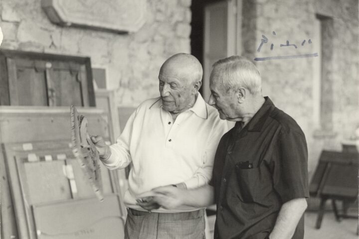 Pablo Picasso i Joan Miró a Mougins (fotografia: Jacqueline Roque).