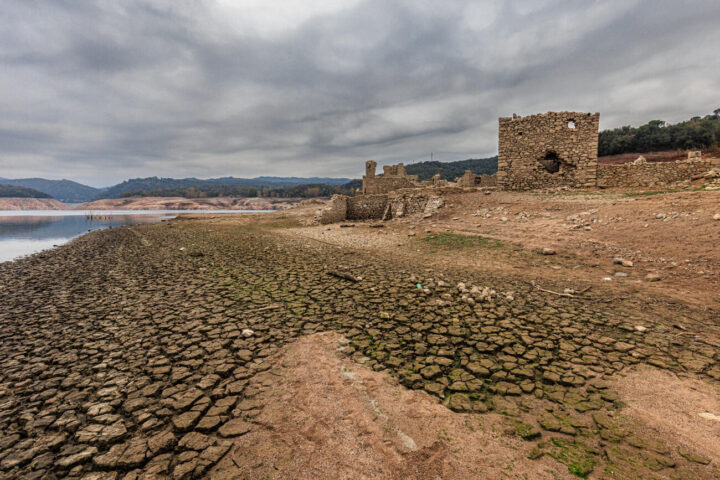 Terra seca al pantà de Sau, a l’antiga zona de la Rovira, que té un nivell d’aigua molt baix arran de la falta de pluja