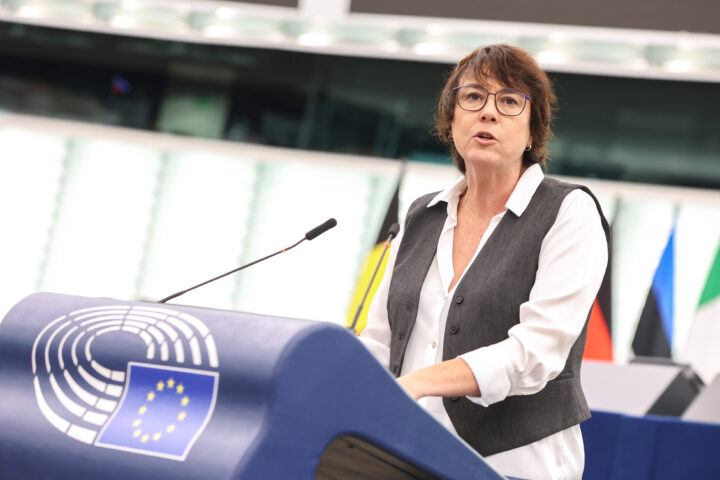 Diana Riba (ERC) en un moment de la intervenció al Parlament Europeu.