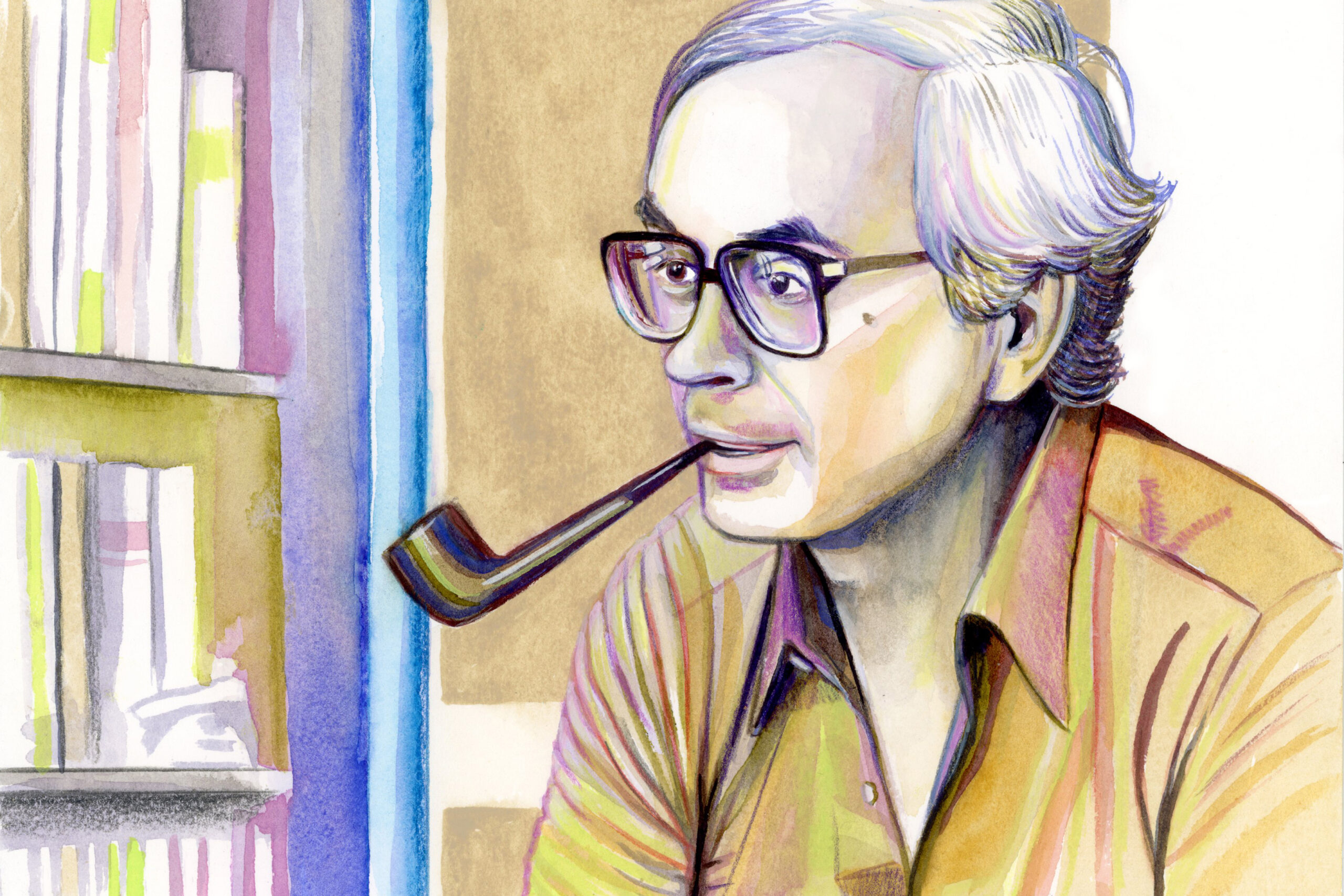 Josep M. Espinàs retratat en aquarel·la per Natilles.