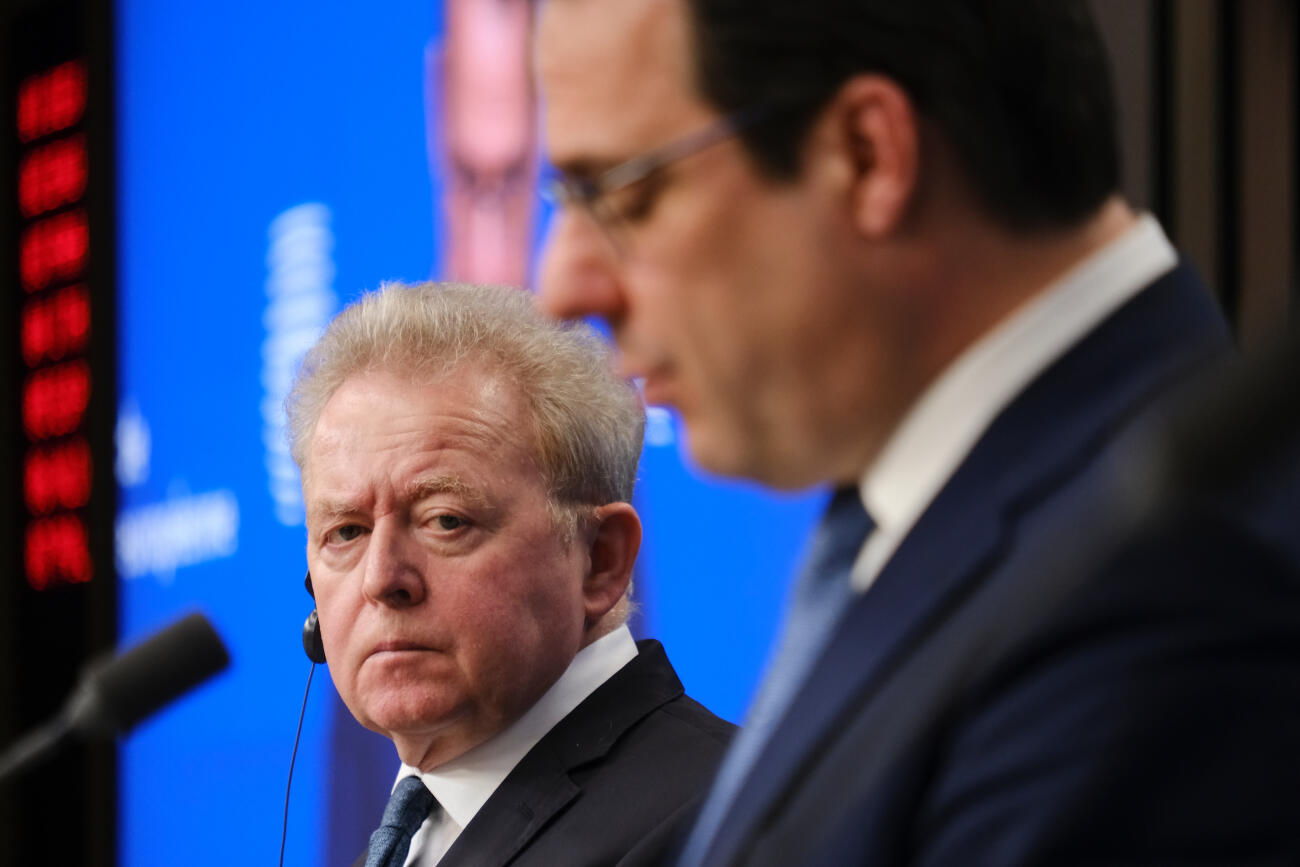 El ministre d'Agricultura de Bèlgica, David Clarinval, i el comissari d'Agricultura, Janusz Wojciechowski, en la roda de premsa posterior al Consell d'Agricultura (fotografia: Consell de la Unió Europea).