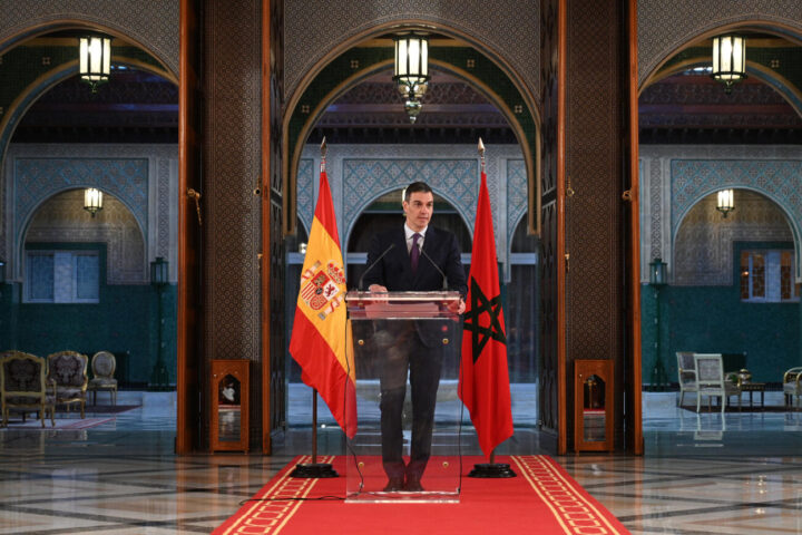 El president espanyol, Pedro Sánchez, en conferència de premsa a Rabat (fotografia: ACN).