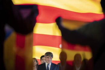 Carles Puigdemont, durant l'acte electoral d'ahir a Argelers (Rosselló) (fotografia: David Borrat).