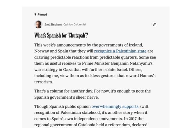 Un columnista de The New York Times acusa Sánchez d’hipòcrita amb Palestina per la repressió a Catalunya