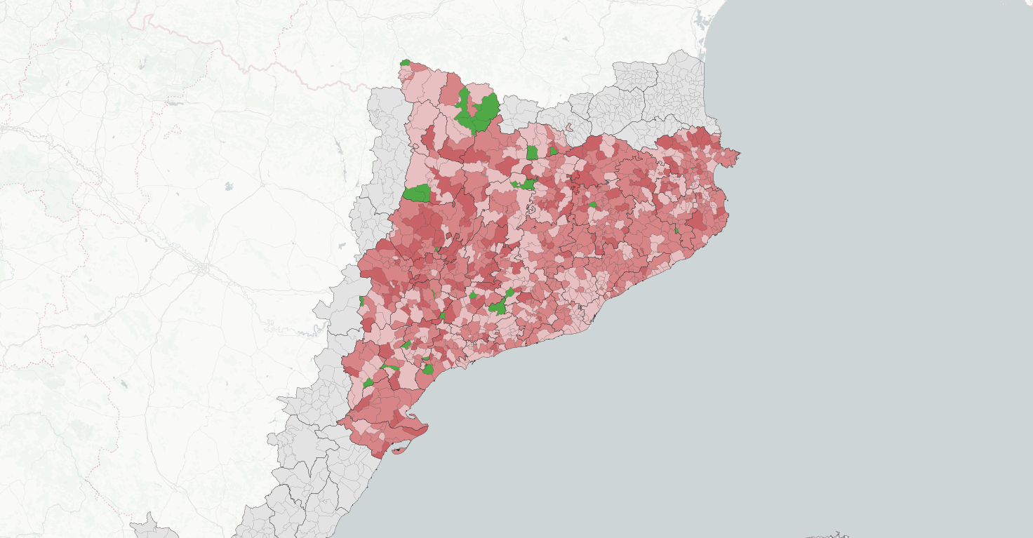[MAPA] Caiguda generalitzada d’ERC que s'accentua al nord-est, les terres de l’Ebre i la plana de Lleida