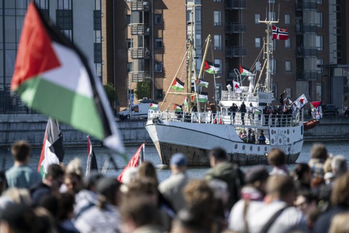 Manifestants pro-palestins durant un acte previ del festival a Malmö ahir (fotografia: Johan Nilsson/EFE)