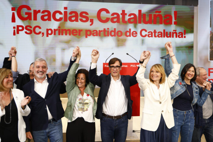 The Socialist candidate, Salvador Illa, celebrates in Barcelona on Sunday night.