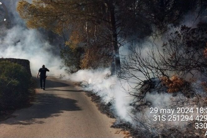 Mitjans aeris i terrestres treballen per controlar un incendi a la falda del Montgó, a Xàbia