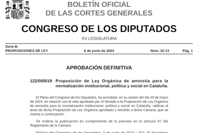 El Butlletí Oficial de les corts espanyoles publica l’aprovació de la llei d’amnistia