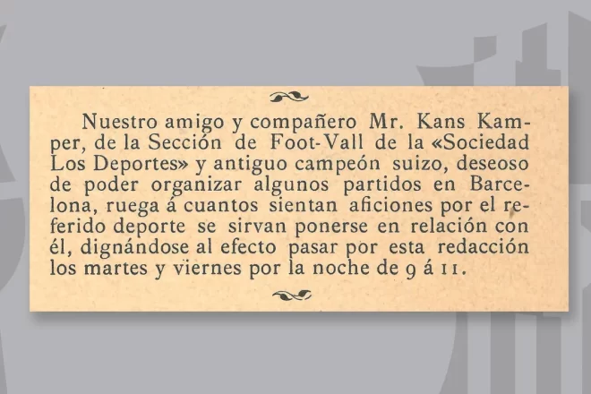 El Barça recupera el petit anunci de Joan Gamper de fa 125 anys que va donar peu a la fundació del club