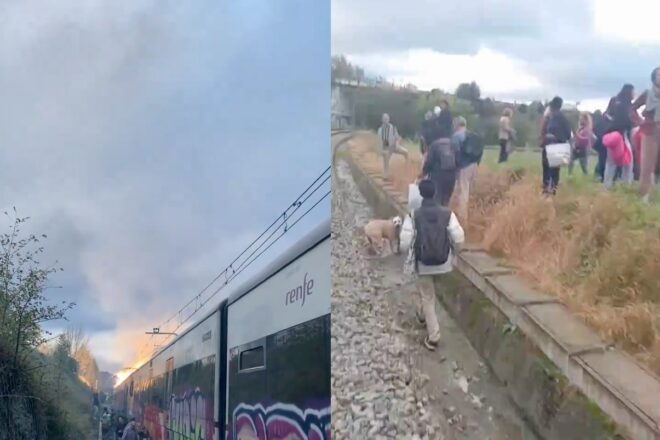 [VÍDEOS] Tallada la R3 per un incendi a la catenària que ha calcinat el vagó d’un tren