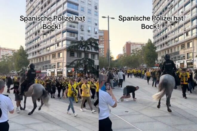 [VÍDEO] Un policia espanyol a cavall atropella un afeccionat del Borussia de Dortmund