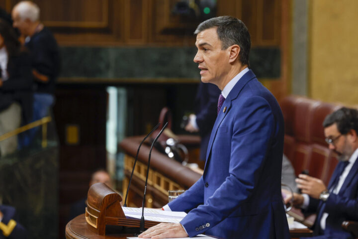 Pedro Sánchez, en un moment de la compareixença (fotografia: EFE / JJ Guillén).