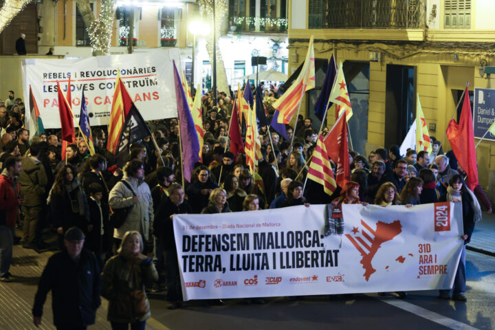Arxiu – Centenars de persones amb pancartes i banderes durant la Diada a Mallorca, el 30 de desembre de 2023, a Palma (Illes). Fotografia: Tomàs Moyà / Europa Press.