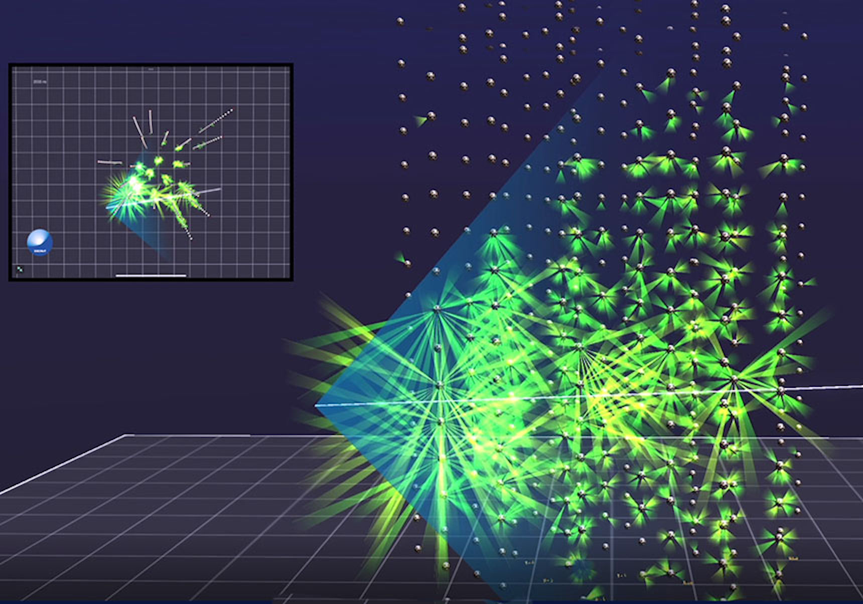 Recreació de la captació per part de KM3NeT de la llum Cherenkov emesa per la interacció del neutrí/ KM3NeT Collaboration.