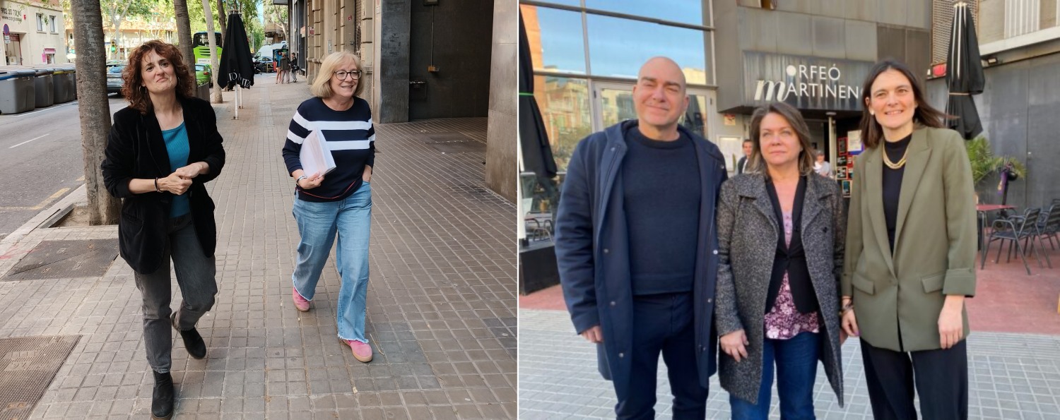 A l'esquerra, Eva Baró i Lourdes Arrando, d'Endavant Barcelona! A la dreta, Miquel Colomé, Creu Camacho i Rosa Suriñach, de Dignitat Republicana (fotografies: Endavant Barcelona! i VilaWeb).