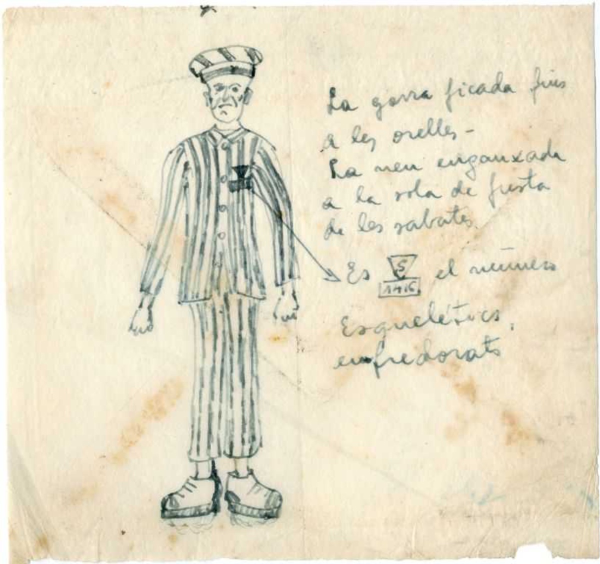 Dibuix de l’uniforme dels presos dels camps de concentració. És possible que Amat-Piniella el dibuixés després que l’editor Joan Sales li demanés una fotografia per a difondre ‘K.L. Reich’ (fotografia: Arxiu Comarcal del Bages)